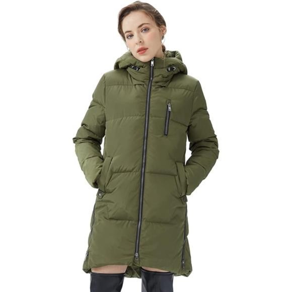 Down Hooded Jacket with Two-Way Zipper Puffer Jacket A-line Coat